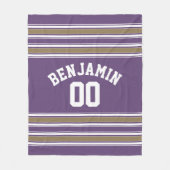 紫と金ゴールドジャージのストライプ名前をカスタムする番号 フリースブランケット (正面)