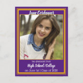 紫と金ゴールドスクールカラー写真卒業 案内ポストカード (正面)