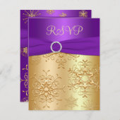 紫と金ゴールドスノーフレーク結婚式RSVPカード 出欠カード (正面/裏面)