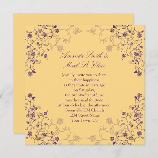 紫と金ゴールドスワール結婚式招待状 招待状 (正面/裏面)