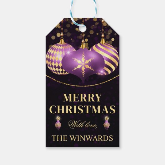 紫と金ゴールドバウブルズメリークリスマス ギフトタグ (正面)
