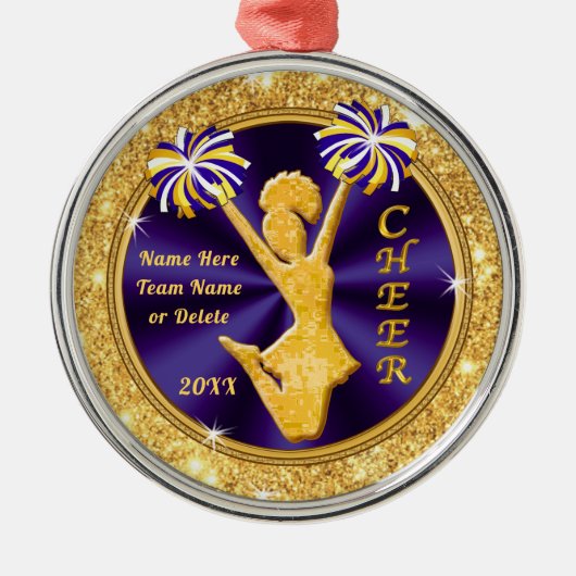 紫と金ゴールドパーソナライズされた応援 メタルオーナメント (正面)