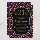 紫と金ゴールドヒョウの斑点21歳の誕生日 招待状 (正面/裏面)