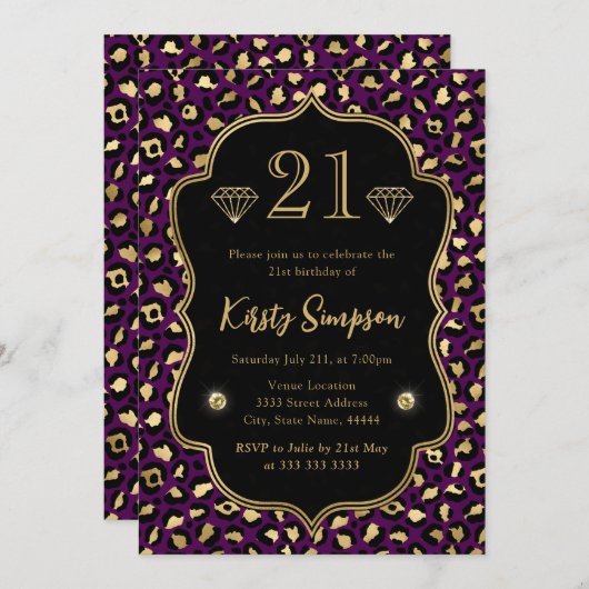 紫と金ゴールドヒョウの斑点21歳の誕生日 招待状 (正面/裏面)