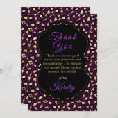 紫と金ゴールドヒョウの誕生パーティー サンキューカード (正面/裏面)