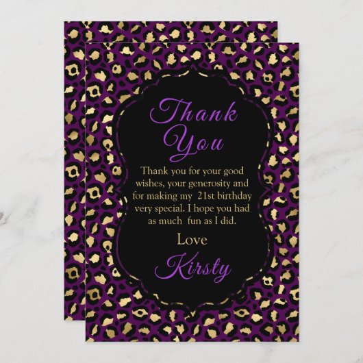 紫と金ゴールドヒョウの誕生パーティー サンキューカード (正面/裏面)