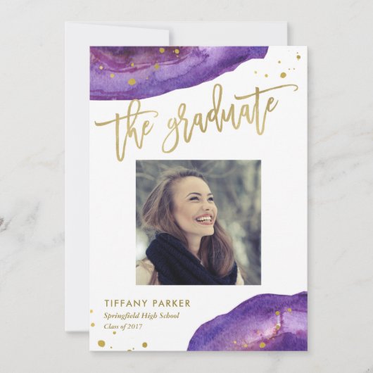 紫と金ゴールドフェイクの卒業式パーティーの写真 案内状 (正面)