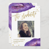 紫と金ゴールドフェイクの卒業式パーティーの写真 案内状 (正面/裏面)