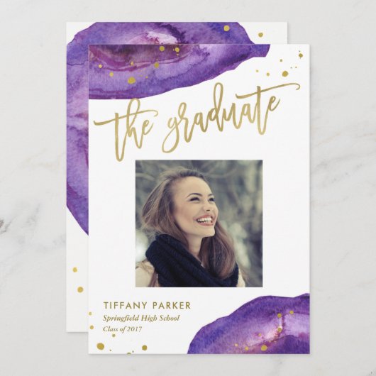 紫と金ゴールドフェイクの卒業式パーティーの写真 案内状 (正面/裏面)
