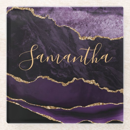 紫と金ゴールドフェイクグリッター大理石 ガラスコースター (正面)