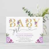 紫と金ゴールドフォイルフェイクフローラ女の子の赤ちゃんシャワー 招待状 (スタンド正面)