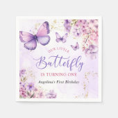 紫と金ゴールドフローラ蝶の最初の誕生日 スタンダードカクテルナプキン (正面)