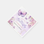 紫と金ゴールドフローラ蝶の最初の誕生日 スタンダードカクテルナプキン (角)