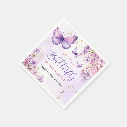 紫と金ゴールドフローラ蝶の最初の誕生日 スタンダードカクテルナプキン (角)