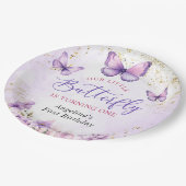 紫と金ゴールドフローラ蝶の最初の誕生日 ペーパープレート (アングル)
