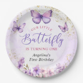 紫と金ゴールドフローラ蝶の最初の誕生日 ペーパープレート (正面)