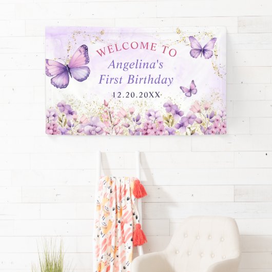 紫と金ゴールドフローラ蝶の最初の誕生日 横断幕 (インサイチュ)