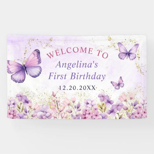 紫と金ゴールドフローラ蝶の最初の誕生日 横断幕 (横)