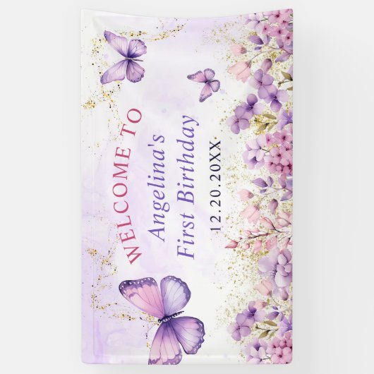 紫と金ゴールドフローラ蝶の最初の誕生日 横断幕 (縦)