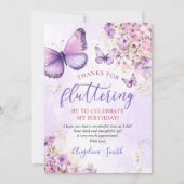 紫と金ゴールドフローラ蝶誕生日 サンキューカード (正面)
