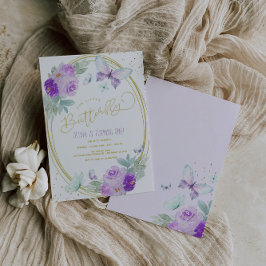 紫と金ゴールドフローラ蝶誕生日 招待状