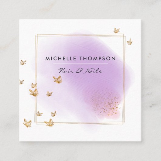 紫と金ゴールドブラシストロークの名刺 スクエア名刺 (正面)