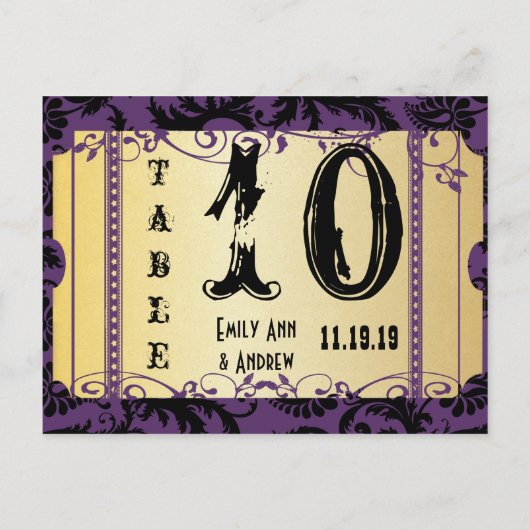 紫と金ゴールドプレイビル旋回ダマスクテーブル番号 ポストカード (裏面)