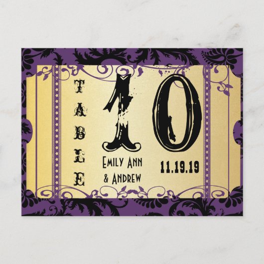 紫と金ゴールドプレイビル旋回ダマスクテーブル番号 ポストカード (正面)
