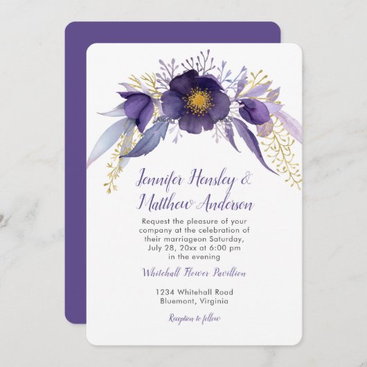 紫と金ゴールドヘレボア水カラーフローラ 招待状 (正面/裏面)