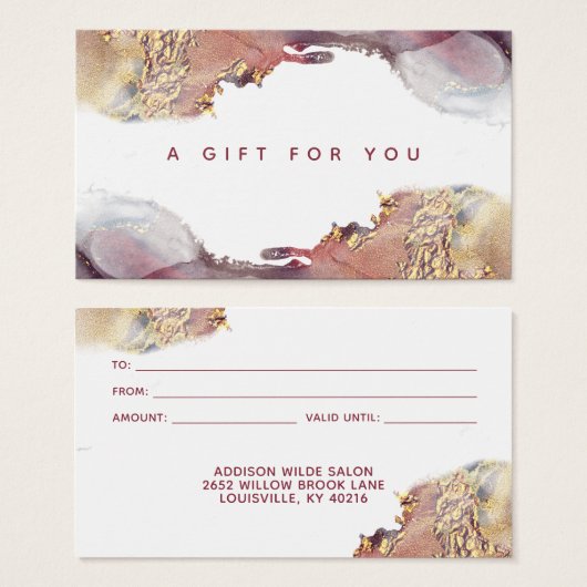 紫と金ゴールドモダンの液体インクギフトカード (正面&裏面)