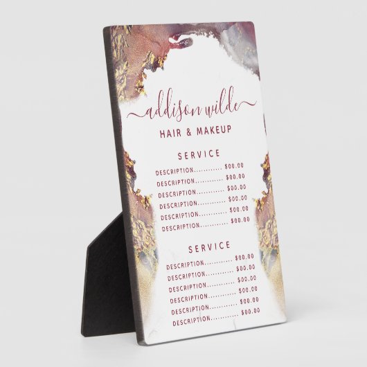 紫と金ゴールドモダンの液体インク価格メニュー フォトプラーク (側面)