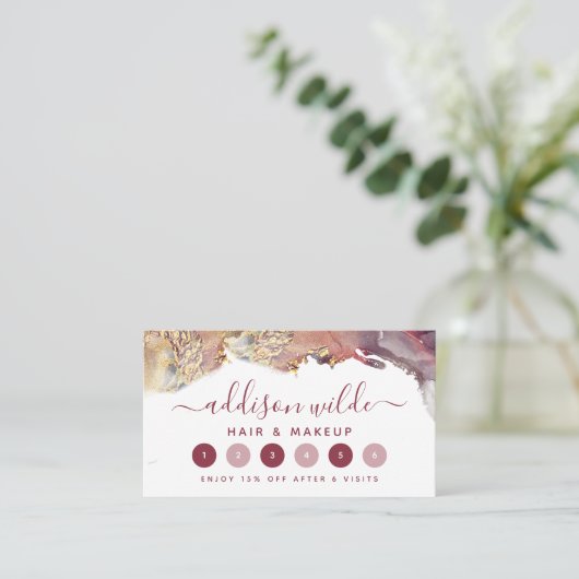 紫と金ゴールドモダンの液体水カラーインク ロイヤリティカード (スタンド正面)