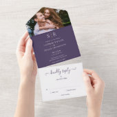 紫と金ゴールドモノグラム結婚写真 オールインワン招待状 (貼ってはがせる)