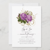 紫と金ゴールドヴィンテージシックなフローラsipと参照 招待状 (正面)