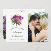 紫と金ゴールドヴィンテージシックな結婚式の日付を保存 セーブザデート (正面/裏面)