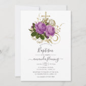 紫と金ゴールドヴィンテージシックフローラバプテスマ 招待状 (正面)