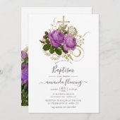 紫と金ゴールドヴィンテージシックフローラバプテスマ 招待状 (正面/裏面)