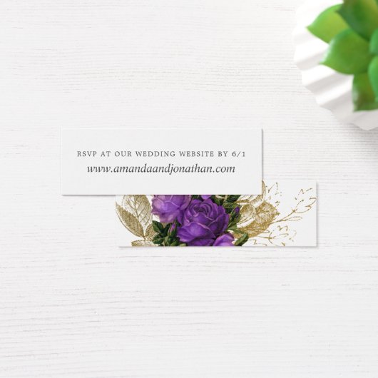 紫と金ゴールドヴィンテージシックフローラ結婚式RSVP (デスク)