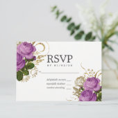 紫と金ゴールドヴィンテージシックフローラ結婚式RSVP 出欠カード (スタンド正面)