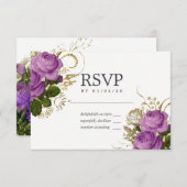 紫と金ゴールドヴィンテージシックフローラ結婚式RSVP 出欠カード (正面/裏面)