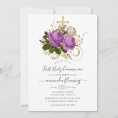 紫と金ゴールドヴィンテージシックフローラ聖餐式 招待状 (正面)