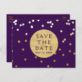紫と金ゴールド光沢のある紙吹雪ドット日付を保存 案内ポストカード (正面/裏面)