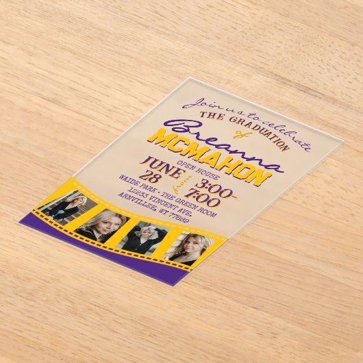 紫と金ゴールド写真卒業フィルムストリップ曇り アクリル招待状 (レイダウン)