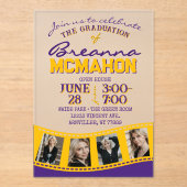 紫と金ゴールド写真卒業フィルムストリップ曇り アクリル招待状 (正面)