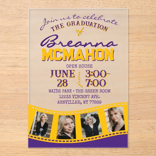 紫と金ゴールド写真卒業フィルムストリップ曇り アクリル招待状 (正面)