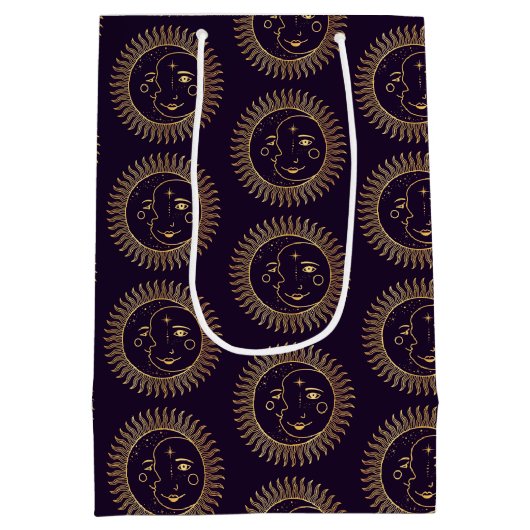 紫と金ゴールド太陽と月の顔天柄 ミディアムペーパーバッグ (裏面)