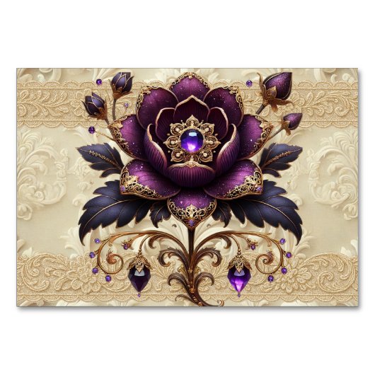 紫と金ゴールド宝石フローラテーブル番号カード テーブルナンバー (正面)