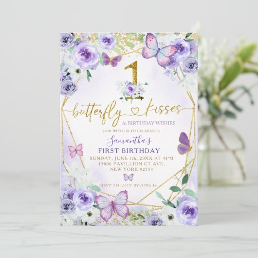 紫と金ゴールド幾何学蝶の最初の誕生日 招待状 (スタンド正面)