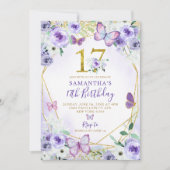 紫と金ゴールド幾何学蝶17誕生日 招待状 (正面)