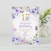 紫と金ゴールド幾何学蝶17誕生日 招待状 (スタンド正面)